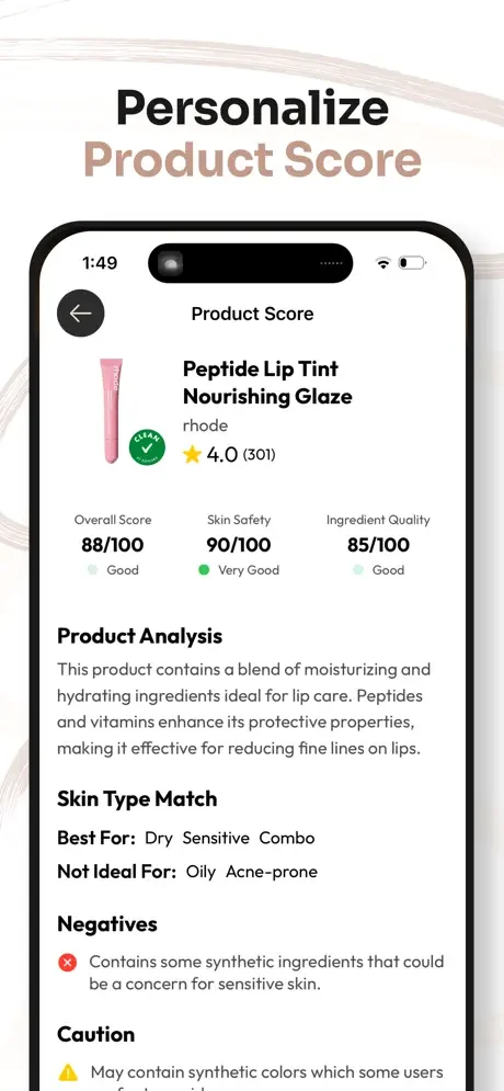 Personalized product score displaying ingredient analysis, ratings, safety scores, and skin type compatibility for beauty products