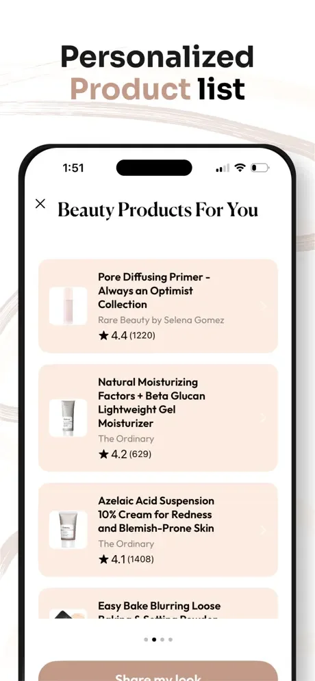 Personalized beauty product recommendations list with makeup products, ratings, reviews, and curated shopping selections