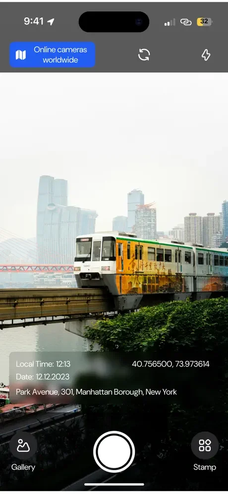 GPS camera app displaying train photo with local time, date, GPS coordinates, and Manhattan street address metadata