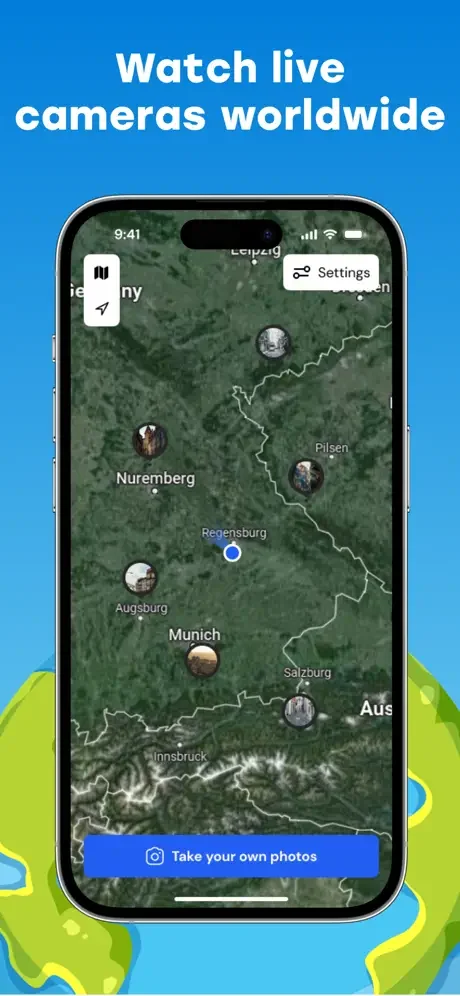 Interactive world map showing live camera feeds pinned to worldwide cities with 'Take your own photos' button and settings