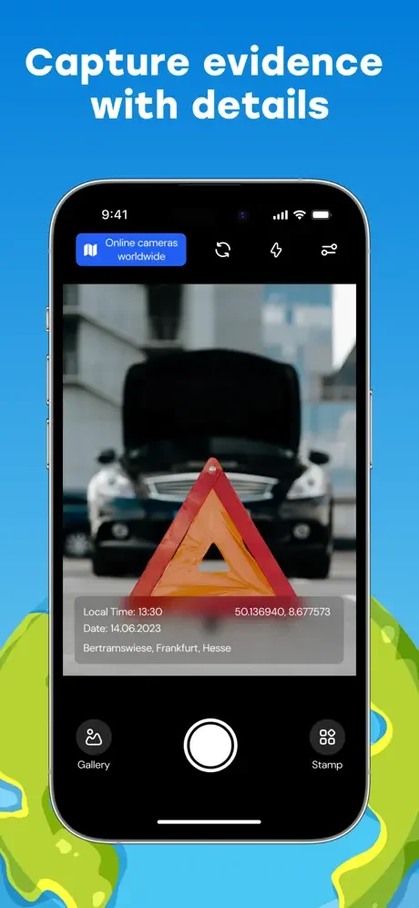 GPS camera evidence capture mode showing car damage photo with timestamp, date, GPS coordinates, and Frankfurt location