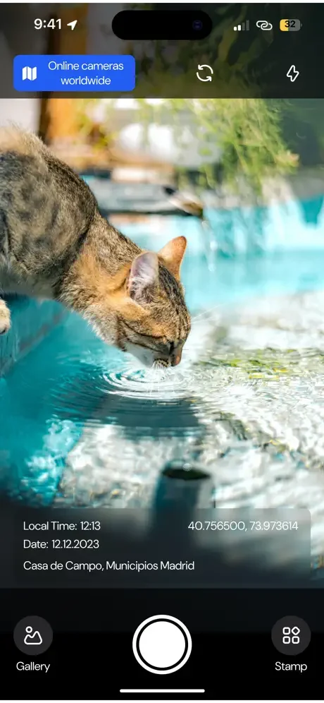 Travel camera app capturing cat at waterside with GPS timestamp, date, coordinates, and Casa de Campo Madrid location