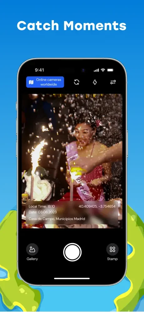 GPS timestamp camera app showing celebration moment with precise time, date, GPS coordinates, and Madrid location data