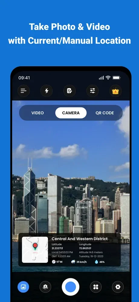 Camera interface showing photo capture with GPS location data, map pin, coordinates and timestamp for geotagging