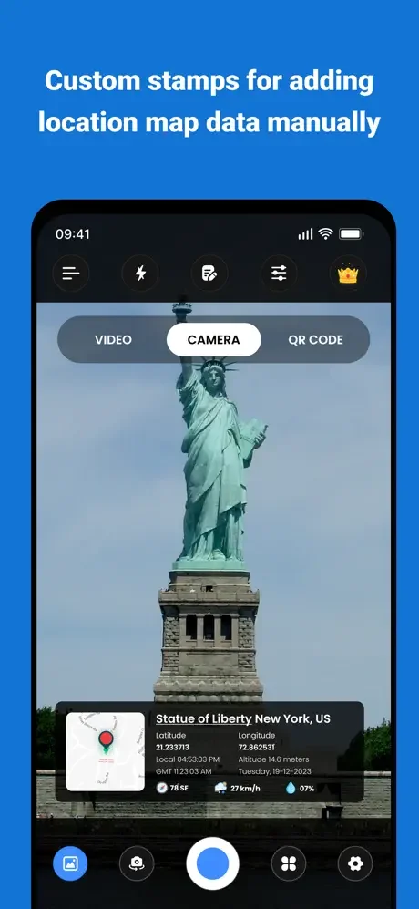 Photo stamp interface displaying location map and metadata options for adding location details to images