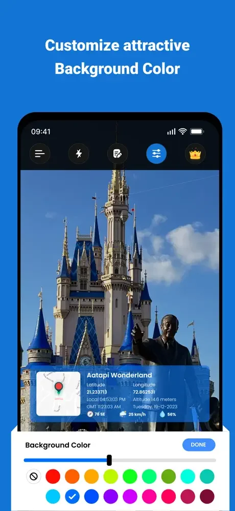 Background color customization with color palette picker for personalizing location stamp appearance on photos