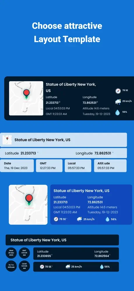 Multiple layout templates showcasing different designs for displaying geotagged photo metadata with location maps