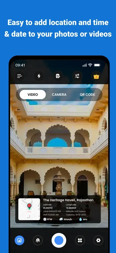 Camera interface for capturing photos and videos with automatic GPS location tagging, timestamps and location details
