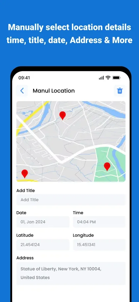 Manual location selection interface with map and form fields to enter GPS coordinates, date, time and address