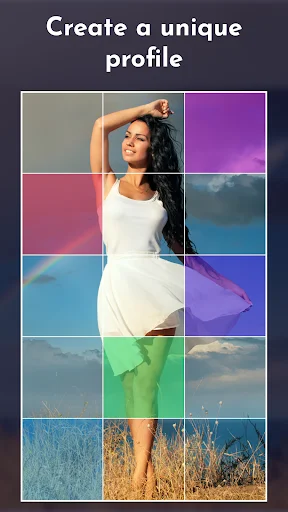 Grid Maker app welcome screen displaying 'Create a unique profile' with a woman's portrait divided into colorful grid squares, demonstrating photo split feature