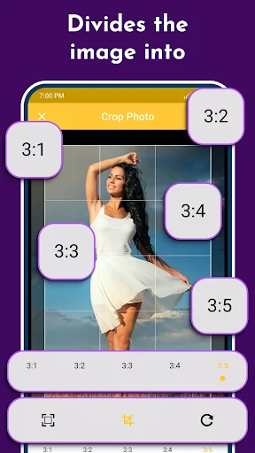 Grid Maker photo division screen titled 'Divides the image into' featuring aspect ratio options (3:1, 3:2, 3:3, 3:4, 3:5) for customizing grid layout