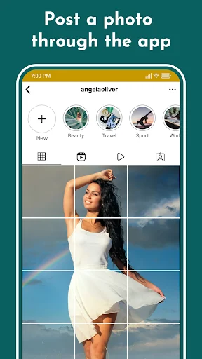 Grid Maker social media posting screen titled 'Post a photo through the app' displaying angeloliver profile with grid split photo and share buttons