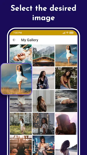 Grid Maker My Gallery screen showing 'Select the desired image' with multiple photo thumbnails in grid layout for choosing images to split