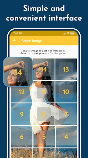 Grid Maker Instagram posting screen showing 'Simple and convenient interface' with numbered grid sections of split photo ready to share to Instagram