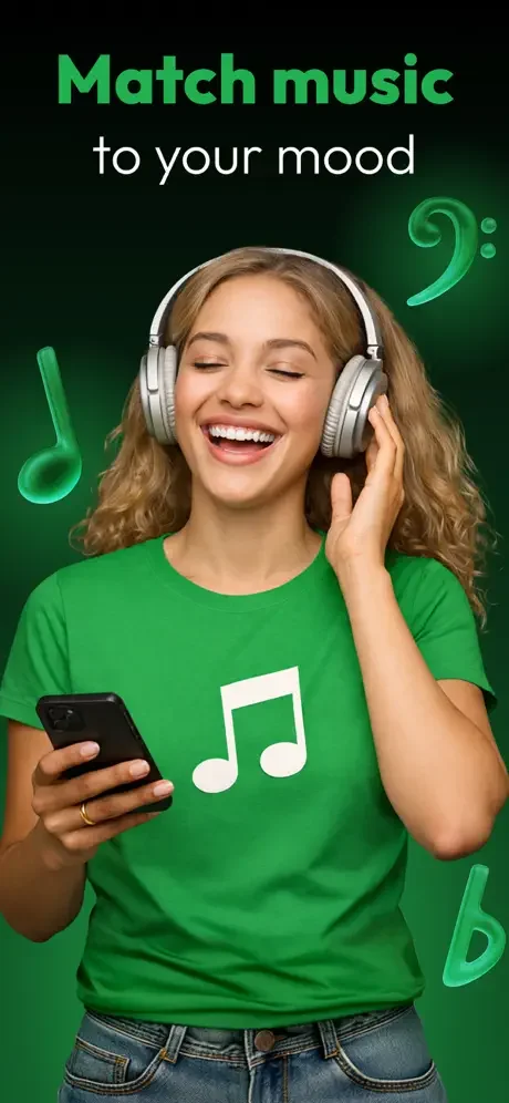 Woman happily listening to music via headphones while holding smartphone, highlighting mood-matching playlist creation feature
