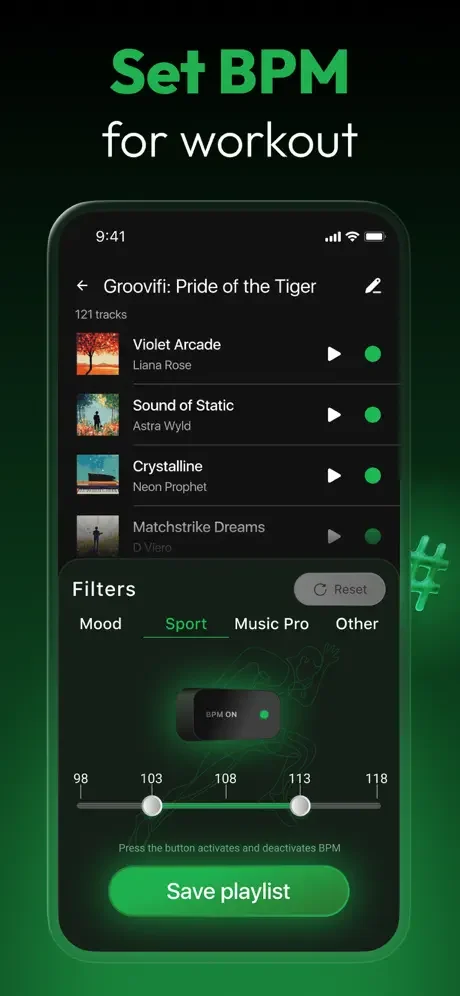 Smart Music Playlist Maker BPM tempo filter displaying 98-118 range for creating workout-specific music playlists