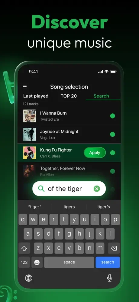 Smart Music Playlist Maker song discovery interface with search functionality for finding and selecting unique tracks