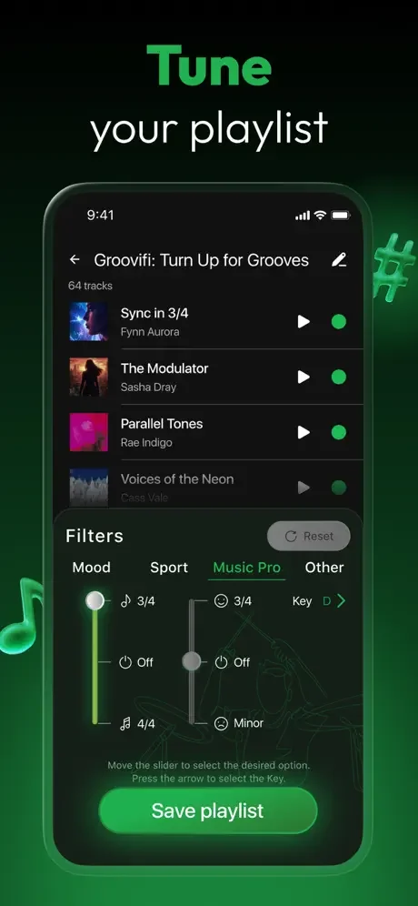 Smart Music Playlist Maker Music Pro advanced filters with time signature, emphasis, and musical key adjustment controls