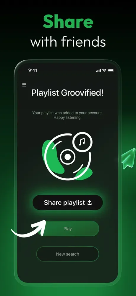 Smart Music Playlist Maker success screen with share, play, and new search options for custom playlists