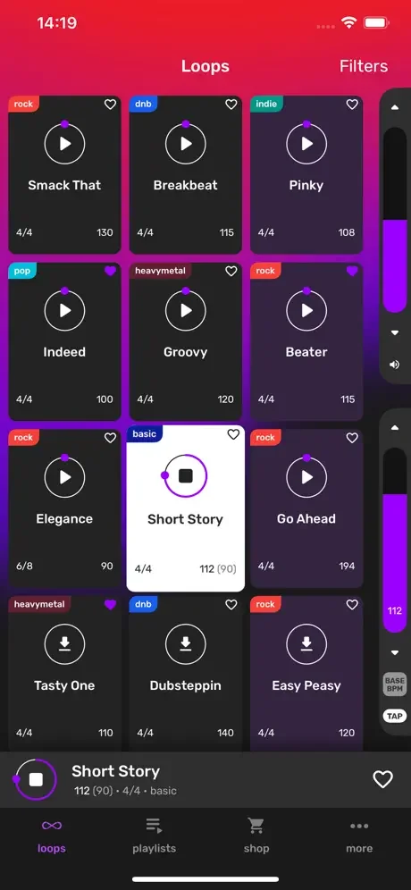 Browse drum loops grid with genre tags, play buttons, BPM tempos, time signatures, and Filters for guitar backing tracks