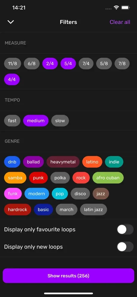 Filter drum loops by time signature, tempo speed, music genres, and toggle options for favorites or new loops display