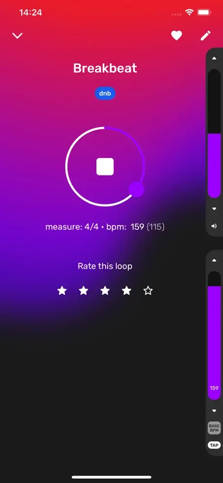 Breakbeat drum loop player with circular play button, BPM tempo 159, time signature 4/4, and interactive 5-star rating