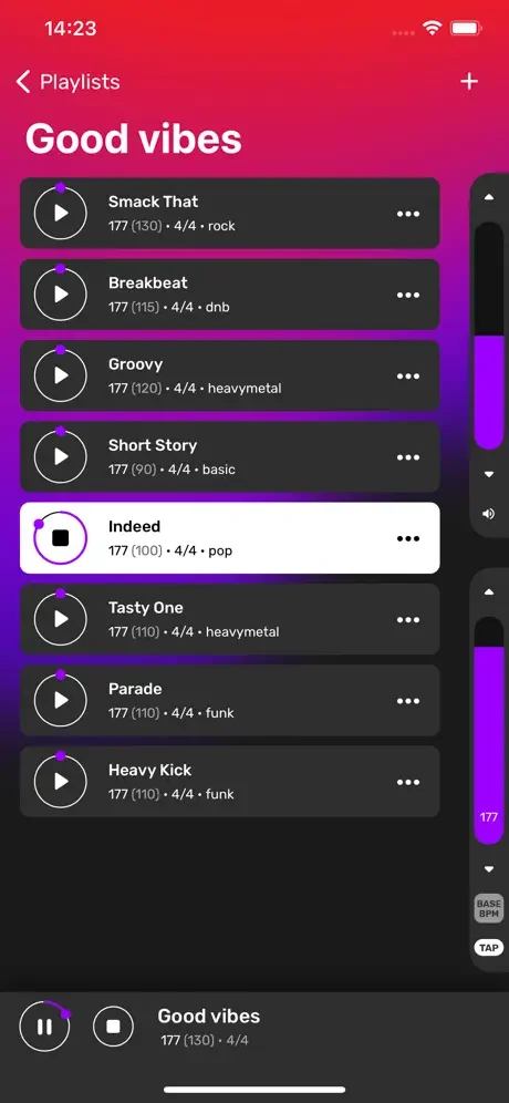 Good vibes playlist displaying drum loops with play buttons, BPM, time signatures, genres, and playlist playback controls