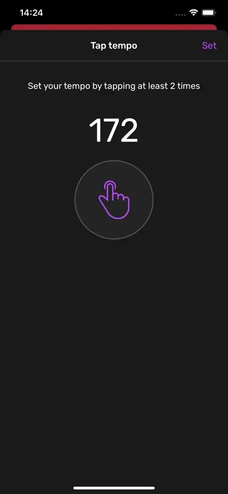Tap tempo interface with instruction text and 172 BPM display for setting custom drum loop tempo through tapping gesture