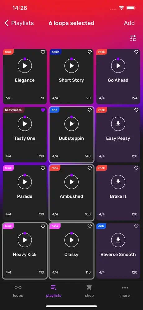 Playlist editor showing 6 selected drum loops in grid layout with genre tags, time signatures, BPM, and Add button