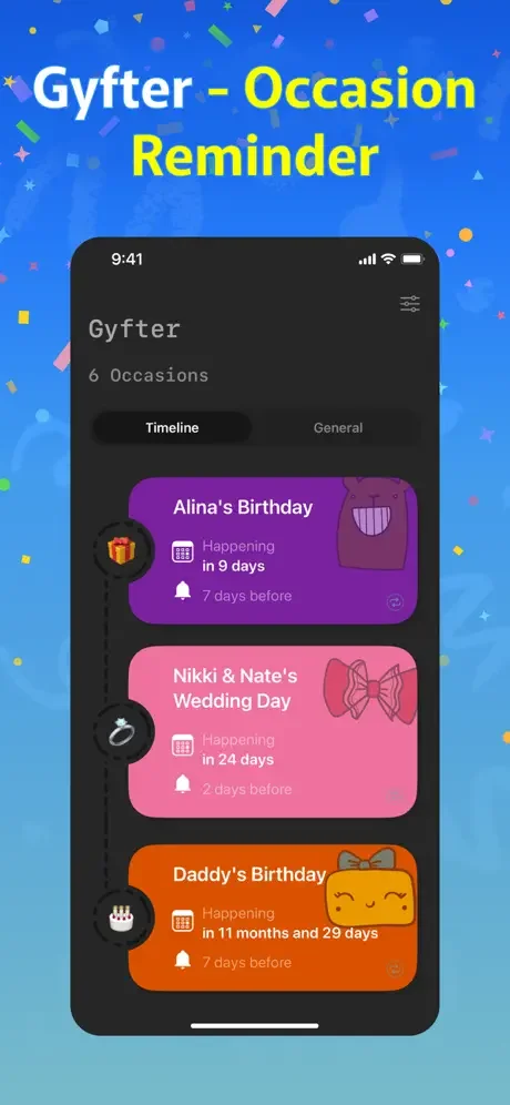Gyfter occasion reminder app timeline view showing 6 saved occasions with color-coded cards, countdown timers, and reminder notifications