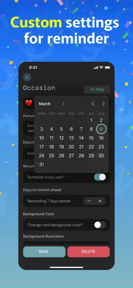 Custom occasion settings interface with calendar date picker, yearly recurrence toggle, reminder timing options, and color customization