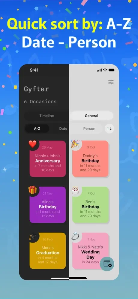 Gyfter occasions sorted by A-Z, date, and person filters with color-coded cards displayed in grid layout for quick viewing