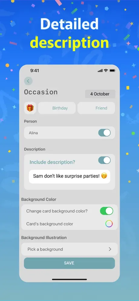 Occasion details editor showing person name, birthday type, date, custom description, and background color illustration options