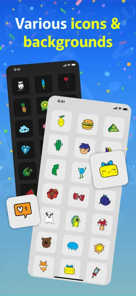 Icon and background selection gallery with colorful emoji illustrations for personalizing occasion reminder cards