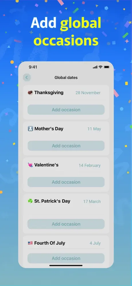 Global occasions library with pre-made holidays including Thanksgiving, Mother's Day, Valentine's Day, and more to add