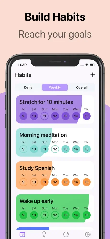 Habit Tracker dashboard with four color-coded habits, weekly progress circles for each day, and Daily/Weekly/Overall filter tabs