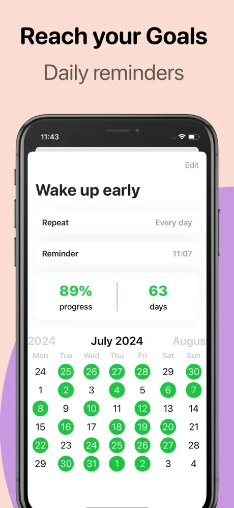Wake up early habit detail screen showing 89% progress, 63 days tracked, 11:07 daily reminder, and July completion calendar