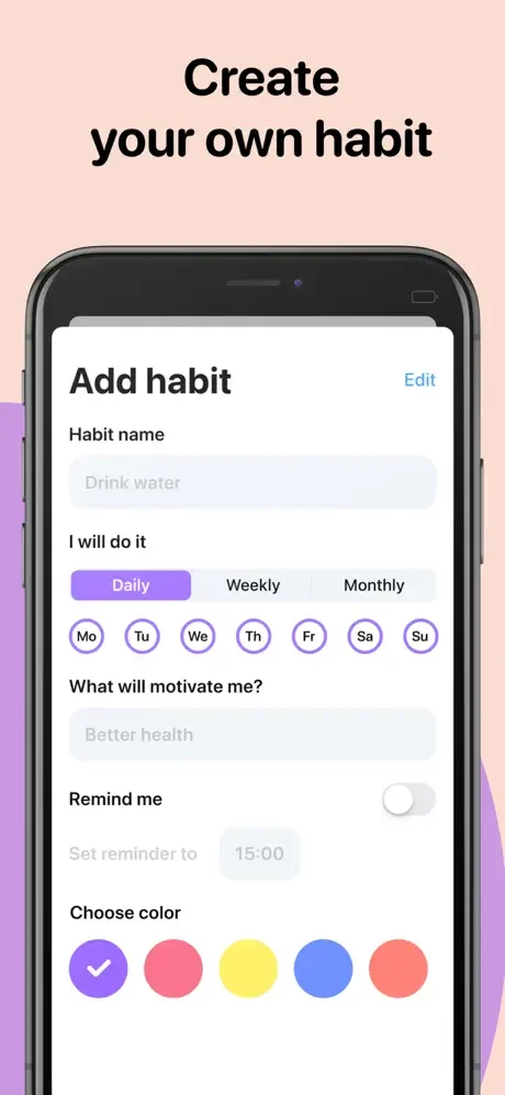 Add habit creation form with habit name field, daily/weekly/monthly frequency options, day selection, motivation, reminder, and color picker