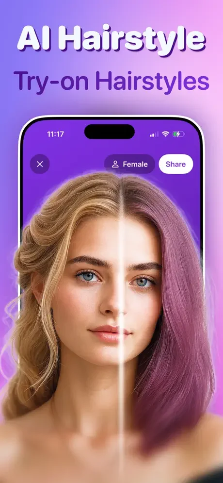 AI hairstyle try-on preview splitting face to show two different hairstyles side by side for comparison