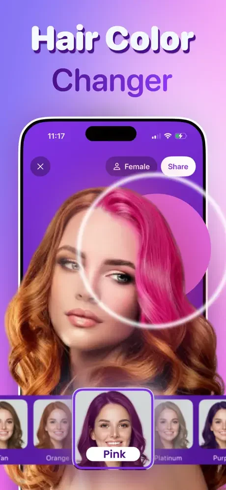 Hair color changer with circular color overlay and color palette swatches for virtual hair color changes