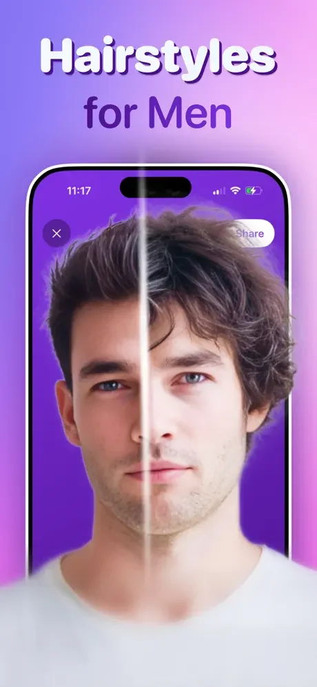Male hairstyle try-on preview showing two different men's hairstyles split on face for comparison