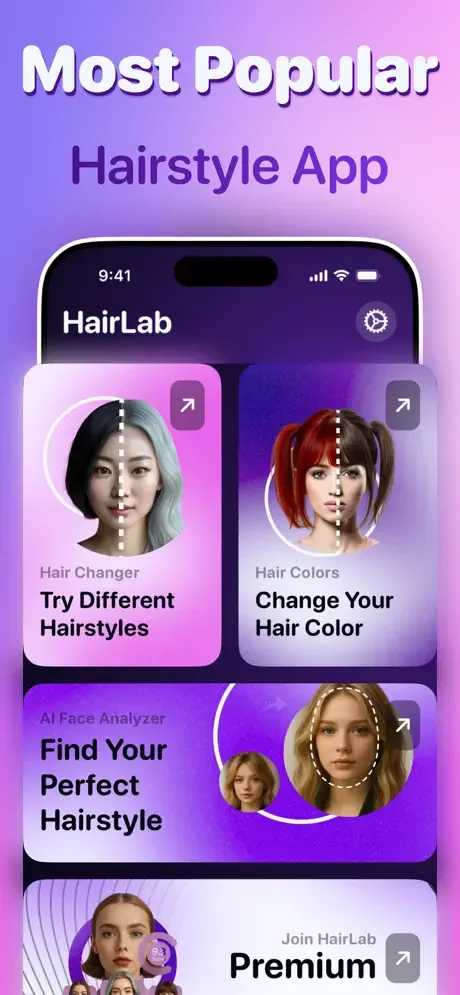 HairLab home screen featuring hair changer, color changer, face analyzer, and premium features