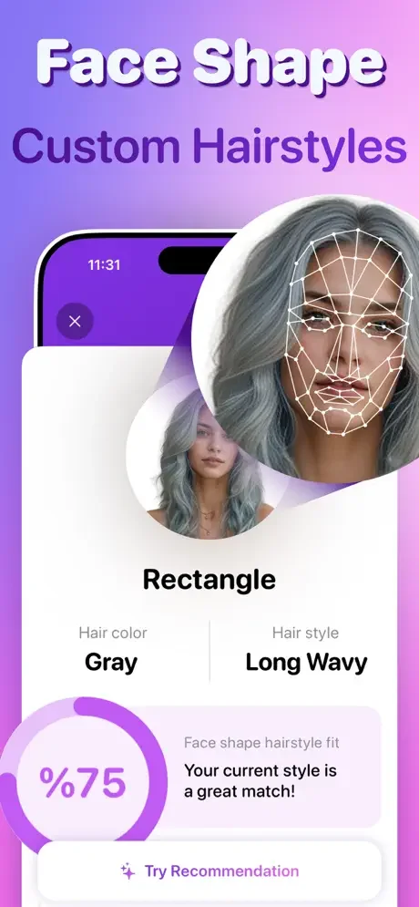 Face shape hairstyle recommendations showing personalized style match percentage and hair color details