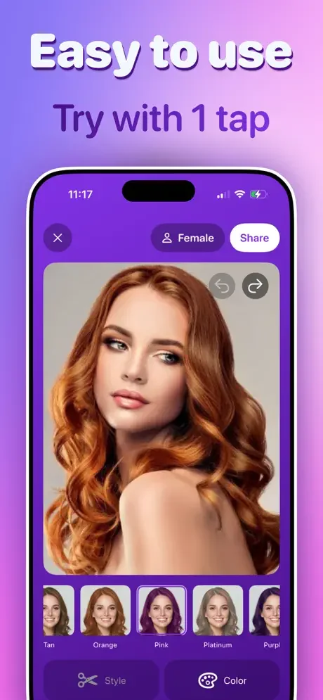 Hair color and style selection interface with color swatches and filters for easy one-tap hairstyle changes