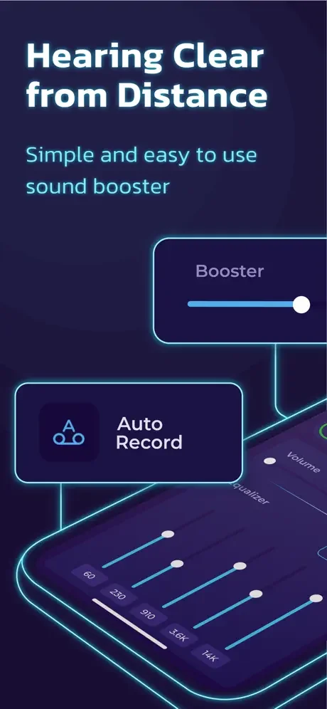 Hearing Clear from Distance app home screen featuring Booster slider control and Auto Record function with frequency band controls