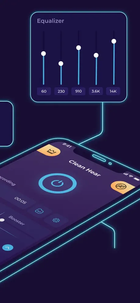 Equalizer interface with five frequency sliders at 60, 230, 910, 3.6K, and 14K Hz for sound customization and audio enhancement