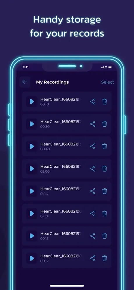 My Recordings list displaying saved audio recordings with play buttons, share options, and delete controls for each recording
