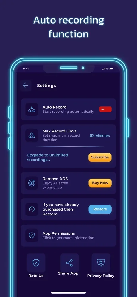 Settings page showing Auto Record toggle function, maximum record duration limit of 02 minutes, and subscription upgrade options