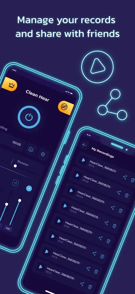 Hearing Amplifier app screens showing record management features, sharing recordings with friends, and full app interface controls