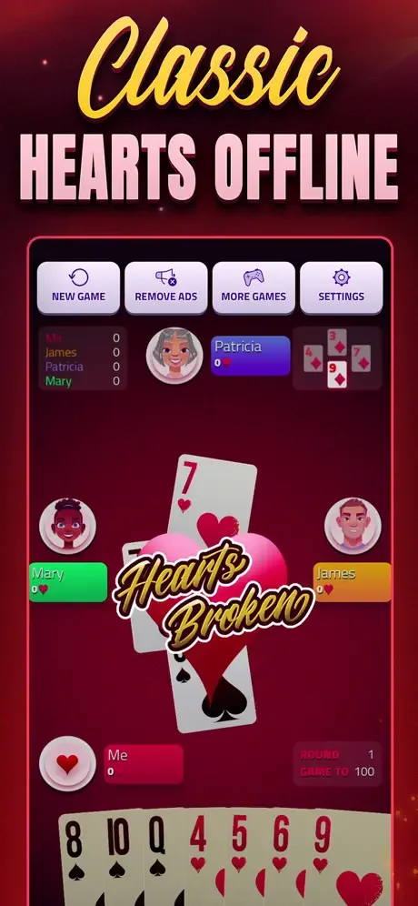 Hearts Offline classic card game main screen with four players, game board showing cards in play, player scores, and hand cards at bottom